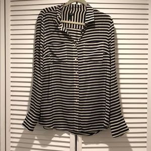 J crew navy and off white stripe silk blouse